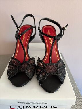 Caparros Black Lace T-Strap Evening Heels with Red Insole